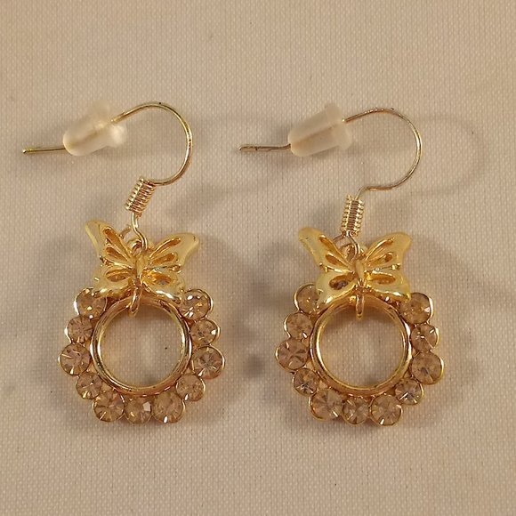 Jewelry - 18K Yellow Gold Filled Butterfly Flower Pink Zircon Crystal Dangle Hook Earrings